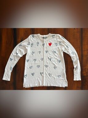 Marled White Sweater Top with Black Heart Print and Red Heart Accent